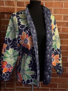 Alfred Dunner Women 10 Navy Floral Lightweight Quilted Open Jacket Colorful EUC